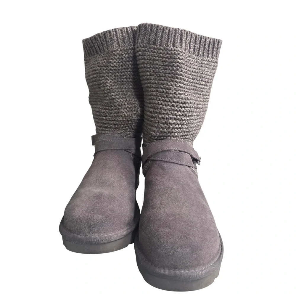 UGG Purl Strap Grey Suede Sweater Knit Mid Calf Cozy Boots 1098080 Womens 11